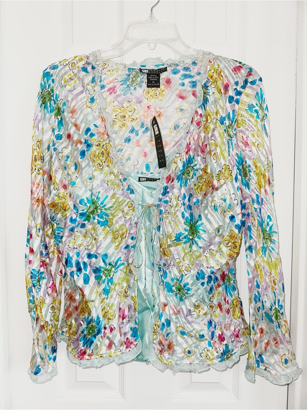 Vintage 90s Y2K Sheer Silk Floral Print Two Piece Top Artsy Watercolor Sz XL